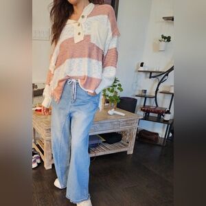 Wide triped Dusty Pink And Off White Knit Sweater with Frayed Edges